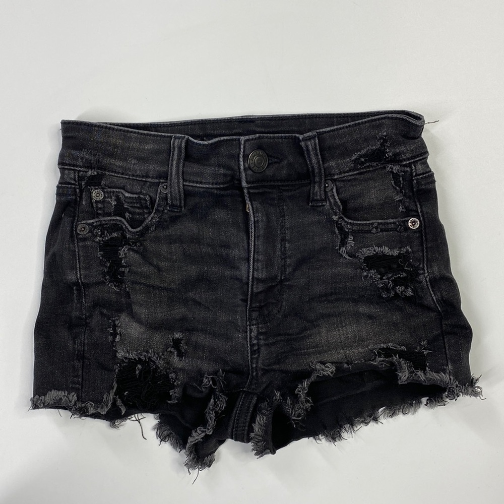 American Eagle NE(xt) Level Stretch Hi-Rise Shortie Black Distressed Shorts 0